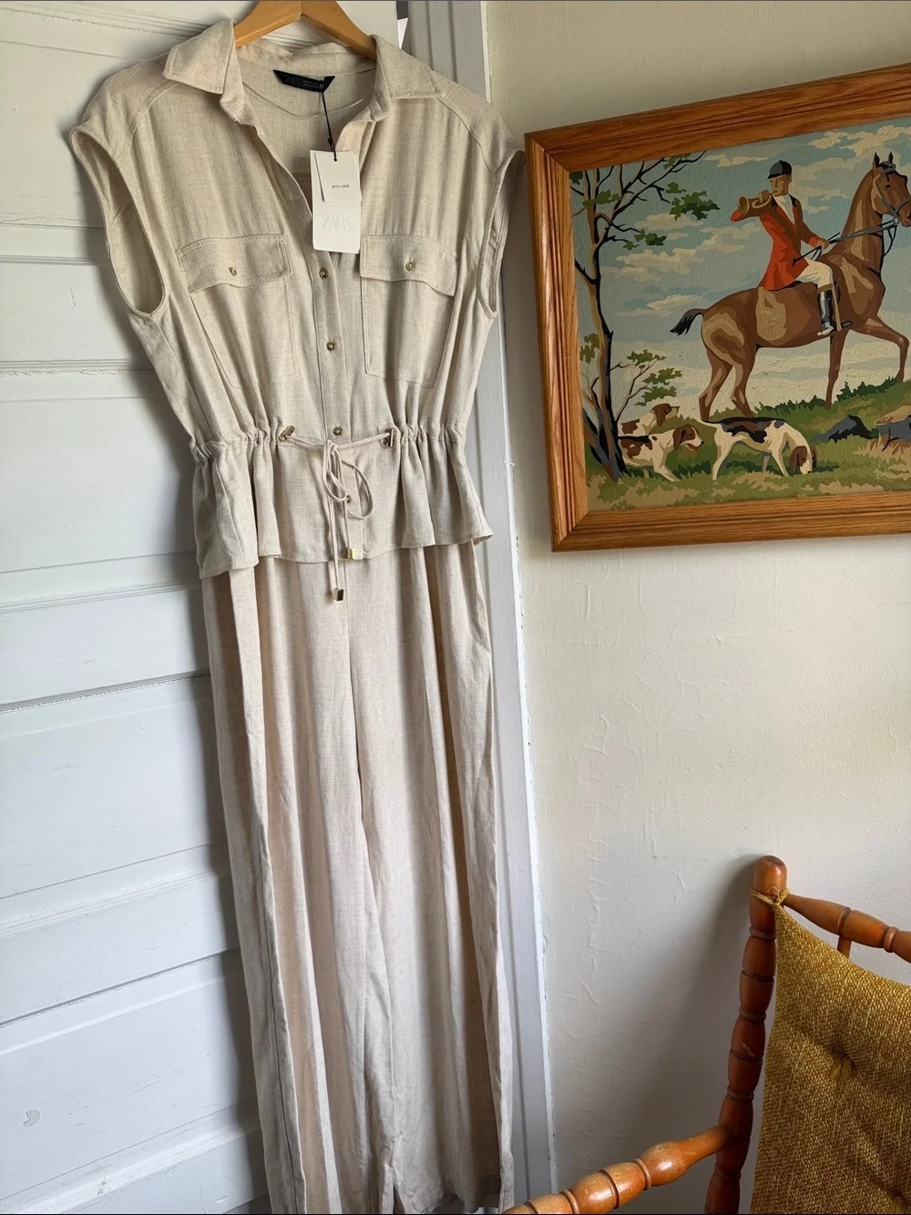 NWT Zara Linen Blend Summer Flowy Jumpsuit Sleeveless Drawstring Minimalist M